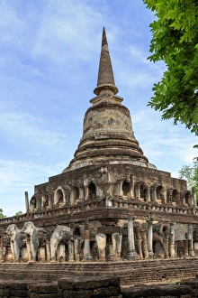 Thai Culture Prints: Temple decorated with elephant reliefs at Si Satchanalai