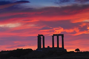 Silhouettes Prints: Temple of Poseidon at sunset, Cape Sounion, near Athens, Greece, Europe