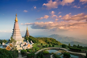 Typically Thai Prints: Temples at Doi Inthanon, the highest peak in Thailand, Chiang Mai Province, Thailand
