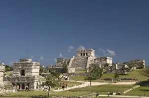 El Castillo Prints: Templo de las Pinturas (Temple of Pictures) on left with El Castillo (the Castle) on right at the Mayan ruins of Tulum
