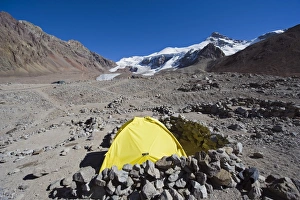 Rugged Terrain Prints: Tent at Plaza de Mulas base camp, Aconcagua 6962m, highest peak in the western hemisphere