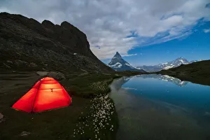 Mountain Peak Prints: Tent on the shore of lake Riffelsee facing the Matterhorn, Zermatt, canton of Valais