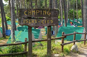 Tents in campsite, Camping Islas Cies, Isla del Faro, Cies Islands, Galicia, Spain, Europe