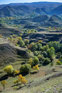 Terrace Prints: Terrace fields in Dagestan showcase agricultural practices and landscape features during autumn season