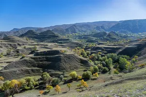 Terrace Prints: Terrace fields showcase farming methods in mountainous terrain of Dagestan during autumn