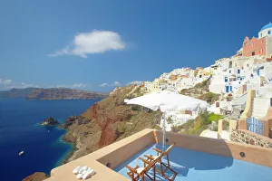 Terrace Prints: Terrace in Oia, Santorini, Cyclades, Greek Islands, Greece, Europe