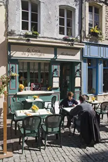 Pas De Calais Prints: Terrace tables outside the many cafes and restaurants on Rue de Lille in the old quarter of Boulogne