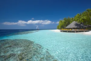 Huts Prints: Terrace and tropical beach, The Maldives, Indian Ocean, Asia
