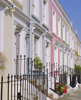 Banister Prints: Terraced houses and wrought iron railings, Kensington, London, England, UK