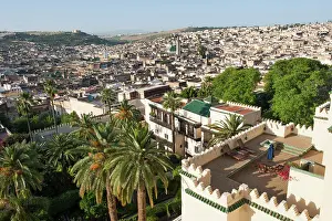 Terraces Prints: Terraces and garden of the luxury Palais Jamai hotel with the Medina in the background