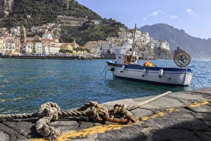 Quayside Prints: Tethered fishing boat with rope