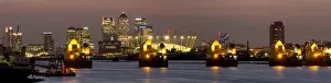 Docklands Prints: Thames Flood Barrier with Docklands and Canary Wharf panorama from Woolwich, London