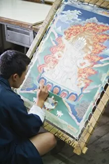 Images Dated 6th October 2009: Thangka painter at the National Institute for Zorig Chusum Pedzoe, (Painting School)