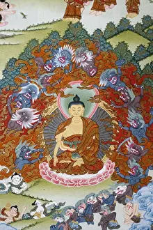 Kathmandu Prints: Thangka painting of the Buddha Sakyamuni surrounded by temptation, Bhaktapur, Nepal, Asia