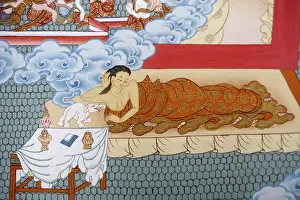 Elephant Prints: Thangka painting of Buddhas mother dreaming of a white elephant, Bhaktapur, Nepal
