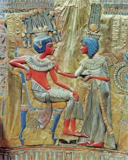 Images Dated 27th July 2008: The back of the gold-plated throne, showing queen Ankhesenamun putting the finishing touches to