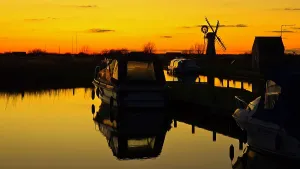 Stillness Prints: Thurne staithe and windmill, dusk, Norfolk Broads, Norfolk