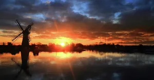 Adventures Prints: Thurne Mill at sunrise, spring morning, Norfolk Broads, Norfolk