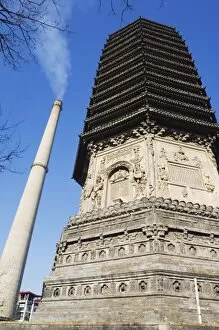 Images Dated 4th December 2007: Tianningsi Temple pagoda and chimney stack, Beijing, China, Asia