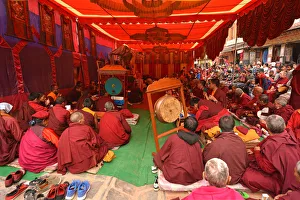Orange Colour Prints: Tibetan monks performing rituals, Nepal, Asia