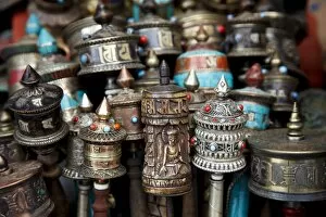 Images Dated 26th February 2010: Tibetan prayer wheels for sale at the UNESCO World Heritage Site of Bodhnath Stupa