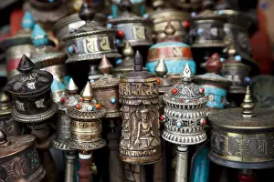 Objects Prints: Tibetan prayer wheels for sale at the UNESCO World Heritage Site of Bodhnath Stupa