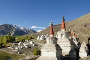 Royal Prints: Tibetan stupas (Chorten) at the foot of Stok Royal Palace
