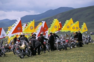 Motor Cycle Prints: Tibetans using motorbikes instead of horses, festival, Qinghai Province, China, Asia