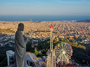 Ferris Wheel Prints: Tibidabo Amusement Park at sunset