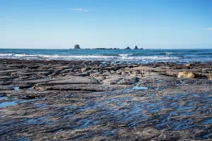 Saltwater Prints: Tidal flats and layered rock textures during low tide at Cape Foulwind in West Coast New Zealand