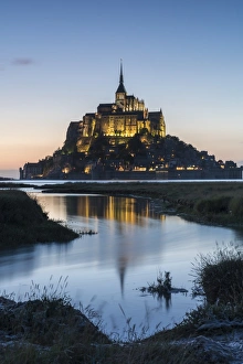Stronghold Prints: Tide growing at dusk, Mont-Saint-Michel, UNESCO World Heritage Site, Normandy, France