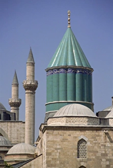Konya Prints: Tile dome tops a museum and mausoleum, Mevlana Turbe, Konya, Anatolia, Turkey