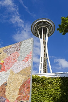 Seattle Prints: Tile Mosaic by Horiuchi and the Space Needle, Seattle Center, Seattle, Washington State