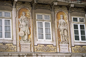 Tile Work Prints: Tiled facade of building in the old Baixa district, Lisbon, Portugal, Europe