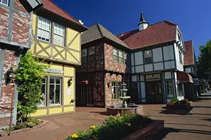 Solvang Prints: Timber frame houses and fountain showing Danish influence