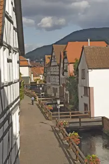Rheinland Pflaz Prints: Timber framed traditional houses alongside the millrace
