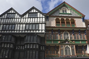 High Street Prints: Timbered and decorated buildings on the High Street, Exeter, Devon, England