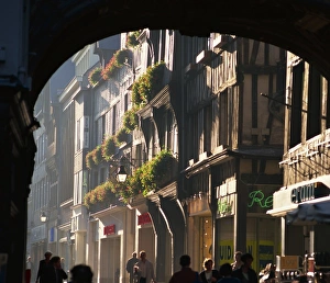 Rouen Prints: Timbered houses in the Rue du Gros Horloge in the city of Rouen, Seine Maritime