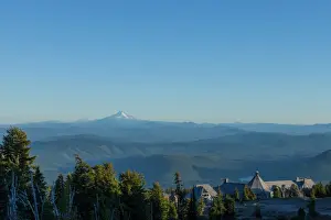 Cascade Range Prints: Timberline Lodge hotel and Mount Jefferson seen from Mount Hood, part of the Cascade Range