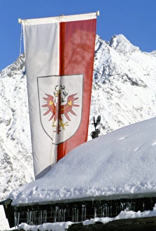 Tirol Prints: Tirolean flag above village of Solden in Tirol Alps, Solden, Tirol, Austria, Europe