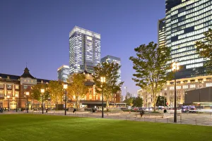 Traditionally Japanese Prints: Tokyo Station and skyscrapers of Marunouchi at dusk, Tokyo, , Honshu, Japan, Asia