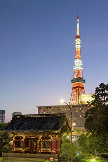 Lamp Prints: Tokyo Tower and Yusho-in Reibyo Nitenmon Gate stand together at dusk in Tokyo Japan showcasing city life and culture