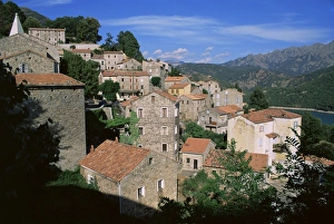 Hill Village Prints: Tolla village and dam, Corsica, France, Europe