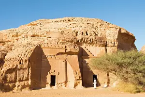 Relics Prints: Tombs carved into sandstone rock of Jabal Banat (Qasr Al-Bint) area in site of Hegra (Madain Salih)