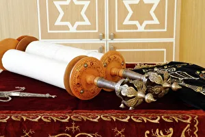 Customs Prints: Torah scroll and the two Rimonim, Paris, France, Europe