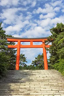 Torii Prints: Torii gate in Hakodate standing tall against the blue sky within a natural landscape of trees in Hokkaido