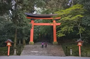Torii gate and lanterns at Usa Jingu, Usa, Oita, Japan, Asia