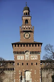 Milan Prints: The Torre del Filarete clock tower at the 15th century Sforza Castle (Castello Sforzesco)