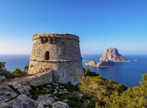 Torre des Savinar and Es Vedra Island, Ibiza, Balearic Islands, Spain, Mediterranean