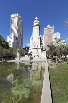 Madrid Prints: Torre de Madrid and Edificio Espana tower, Cervantes memorial, Plaza de Espana, Madrid